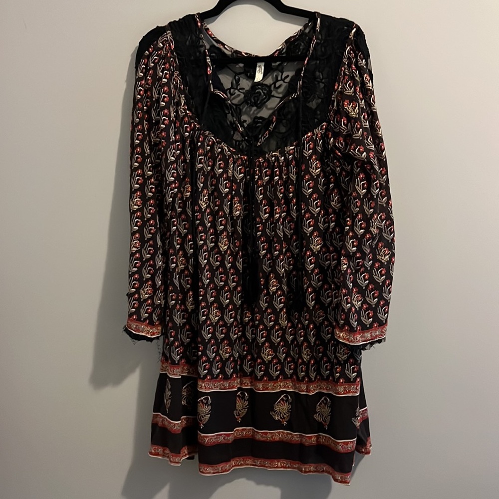 Free People Black Midi Dress with Red & Cream Floral Print